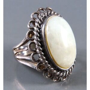 STERLING SILVER Carol Brodie LARGE OVAL WHITE MOONSTONE Scalloped BOHO RING 6